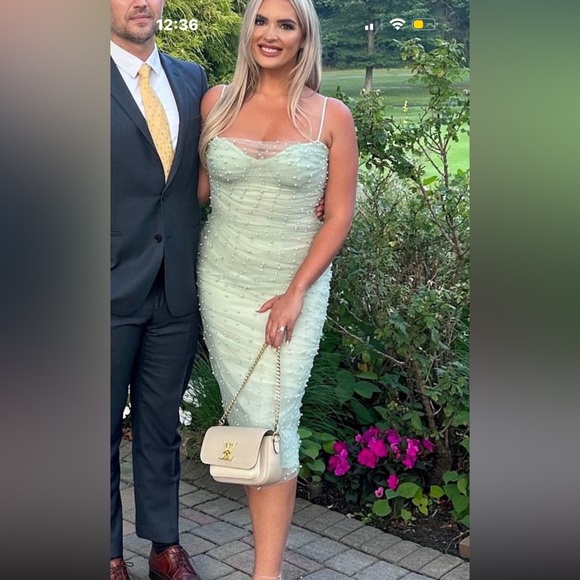 Sage Green Pearl Detailed Mesh Bodycon Midi Dress Sz 6 - Picture 1 of 5